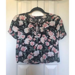 Lace Up Black Floral Crop Top